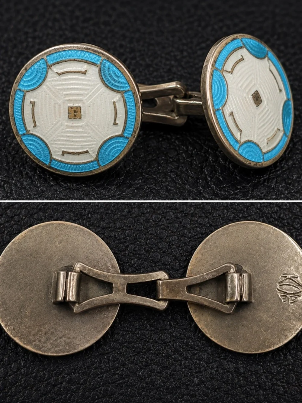 Vintage Russian Guilloché Enamel Cufflinks Turquoise White Melchior 🇨🇳